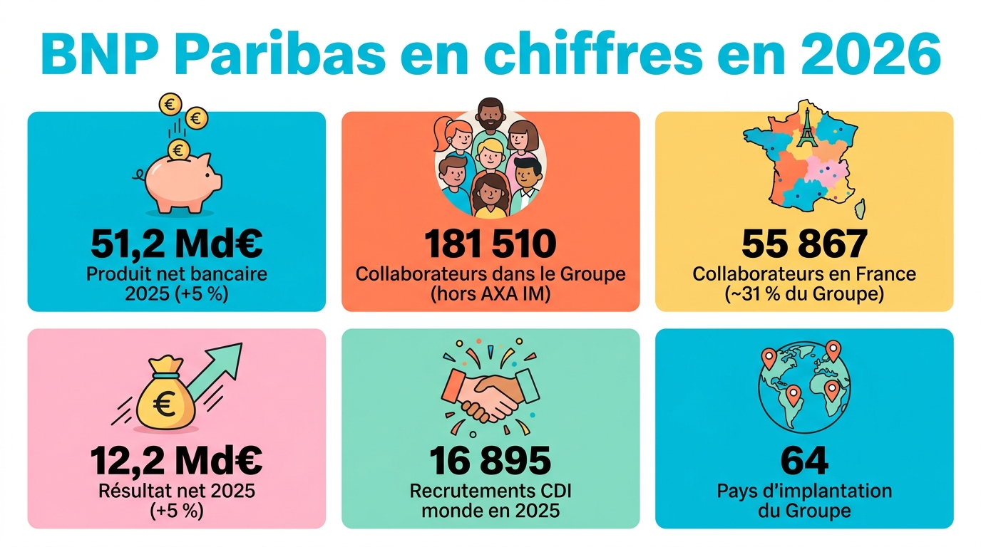 Infographie BNP Paribas en chiffres 2026 : produit net bancaire 51,2 milliards d'euros, résultat net 12,2 milliards, 181 510 collaborateurs hors AXA IM, 55 867 en France, 16 895 recrutements CDI, 64 pays