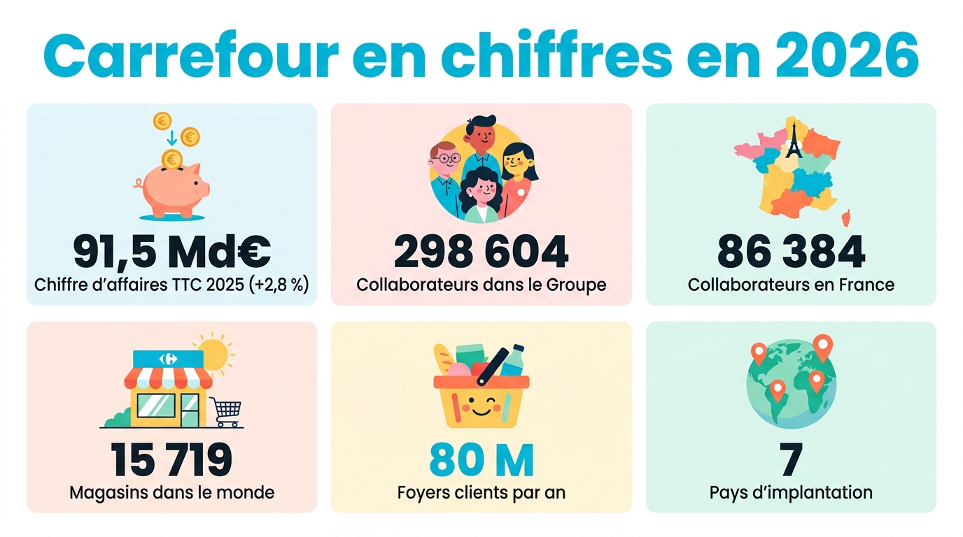 Infographie Carrefour en chiffres 2026 : chiffre d'affaires 91,5 milliards d'euros, 298 604 collaborateurs, 86 384 en France, 15 719 magasins, 80 millions de foyers clients, présence dans 7 pays