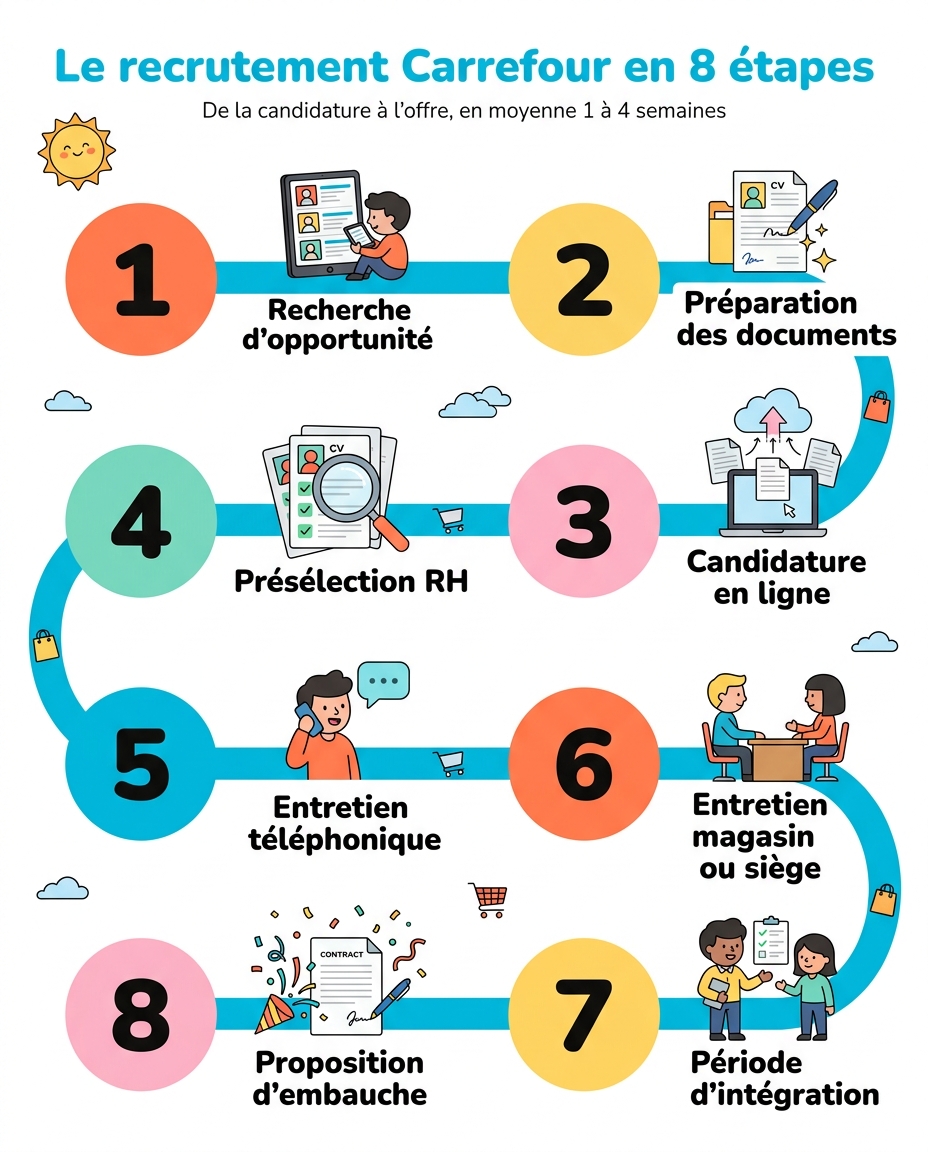 Le processus de recrutement Carrefour en 8 étapes : recherche d'opportunité, préparation des documents, candidature en ligne, présélection RH, entretien téléphonique, entretien magasin ou siège, période d'intégration, proposition d'embauche
