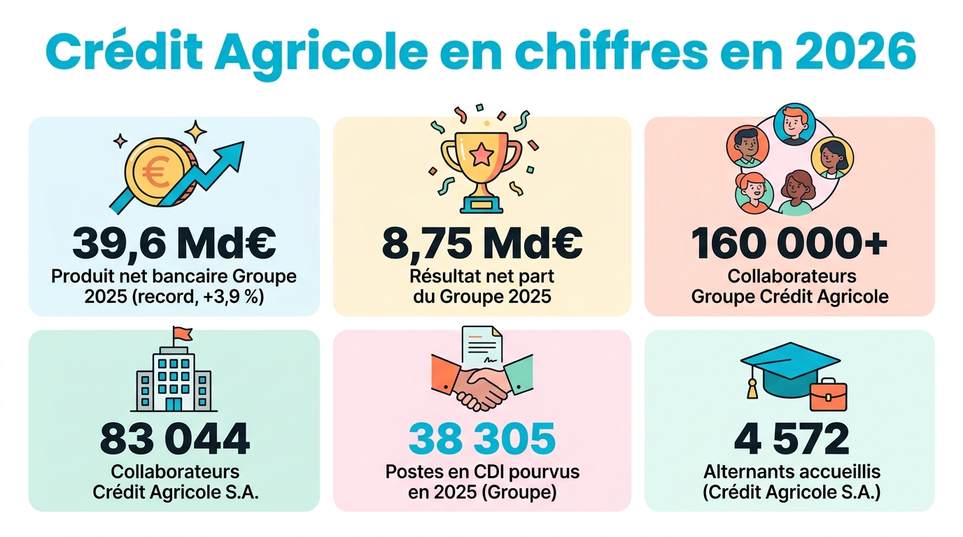 Infographie Crédit Agricole en chiffres 2026 : 39,6 milliards d'euros de produit net bancaire Groupe, 8,75 milliards de résultat net, plus de 160 000 collaborateurs Groupe, 83 044 chez Crédit Agricole S.A., 38 305 postes CDI pourvus en 2025, 4 572 alternants