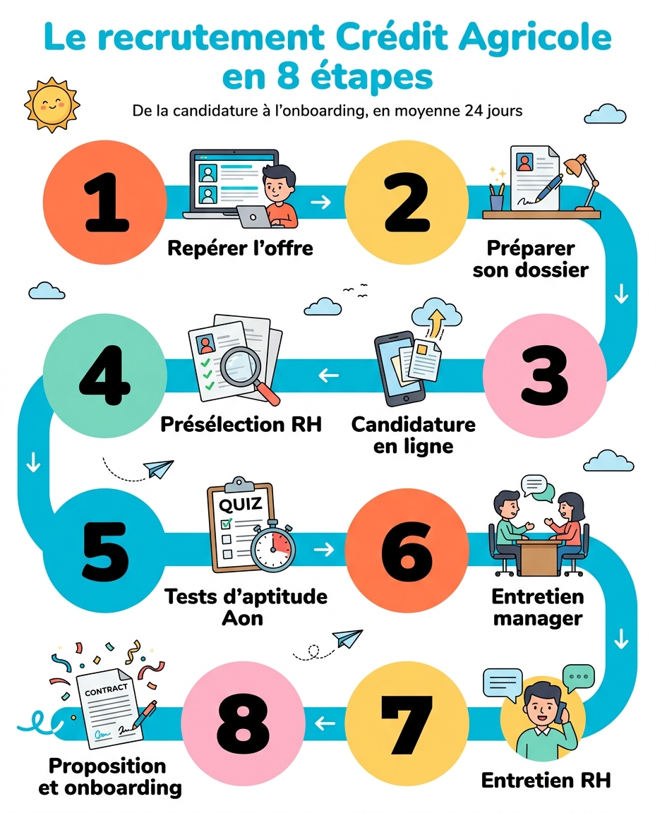 Le processus de recrutement Crédit Agricole en 8 étapes : repérer l'offre, préparer son dossier, candidature en ligne, présélection RH, tests Aon, entretien manager, entretien RH, proposition et onboarding