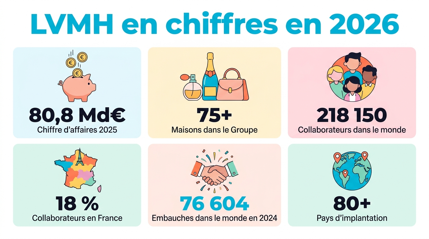 Infographie LVMH en chiffres 2026 : chiffre d'affaires 80,8 milliards d'euros, résultat opérationnel courant 17,8 milliards, 218 150 collaborateurs, 75+ Maisons, 76 604 embauches, présence dans plus de 80 pays