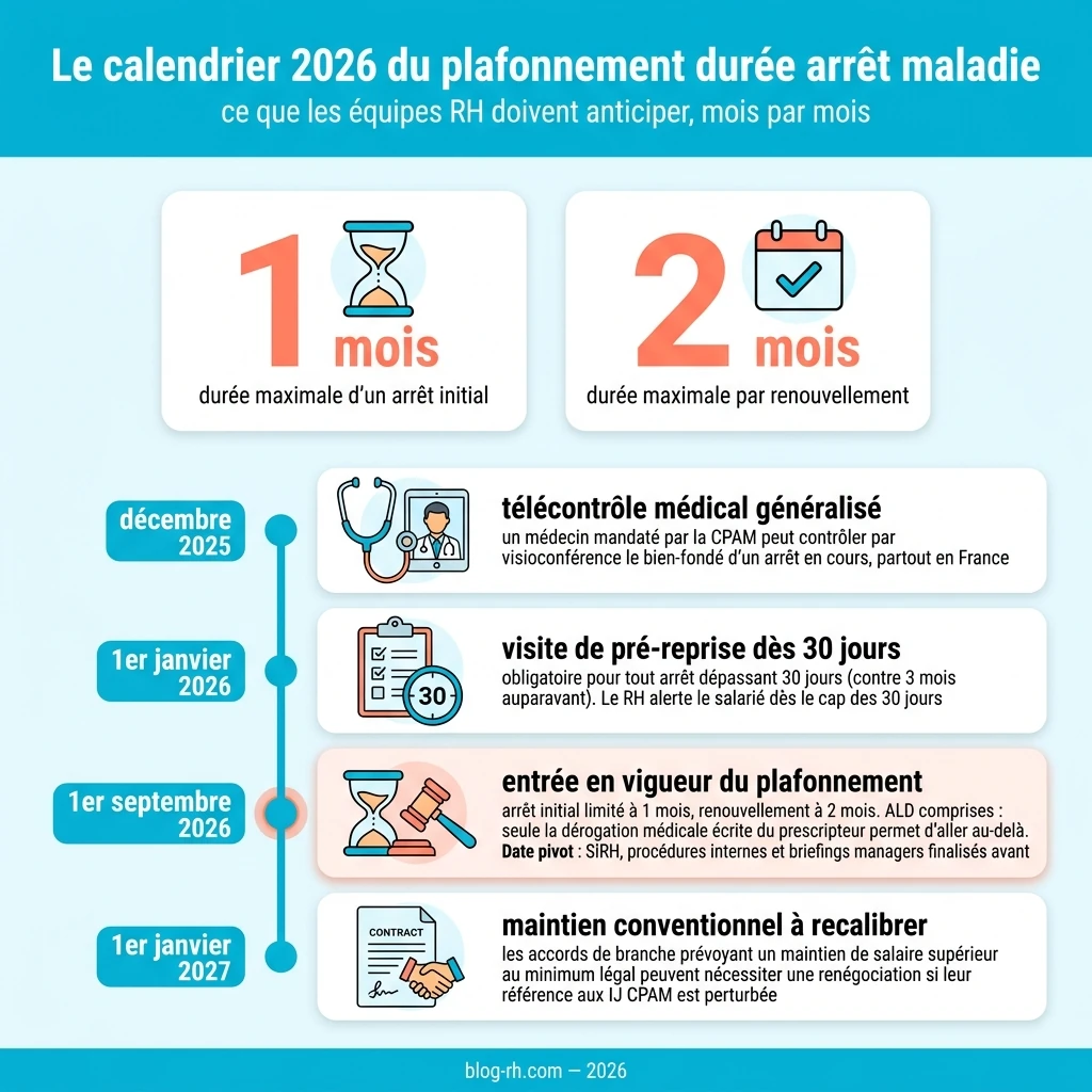 Calendrier 2026 du plafonnement de la durée des arrêts maladie : télécontrôle médical en décembre 2025, visite de pré-reprise dès 30 jours au 1er janvier 2026, entrée en vigueur du plafonnement le 1er septembre 2026 (ALD comprises, sous dérogation médicale écrite), maintien conventionnel à recalibrer au 1er janvier 2027.
