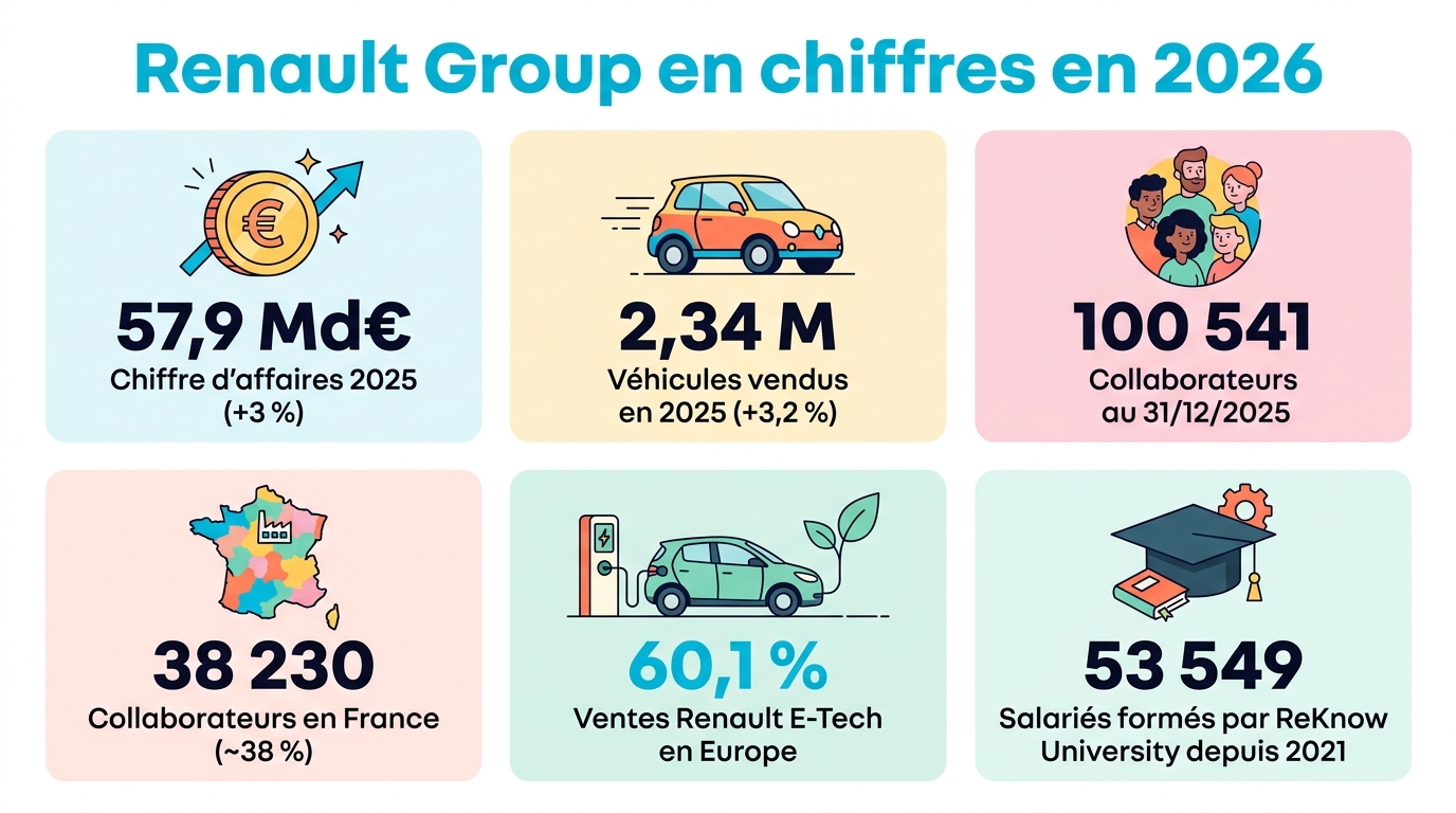 Infographie Renault Group en chiffres 2026 : 57,9 milliards d'euros de chiffre d'affaires, 2,34 millions de véhicules vendus, 100 541 collaborateurs, 38 230 en France, 60,1 % de ventes E-Tech en Europe, 53 549 salariés formés par ReKnow University
