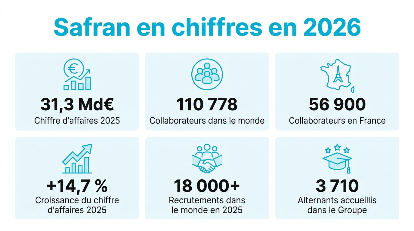 Infographie Safran en chiffres 2026 : chiffre d'affaires 31,3 milliards d'euros, 110 778 collaborateurs, 56 900 en France, 18 000 recrutements monde, 50 % du CA en propulsion