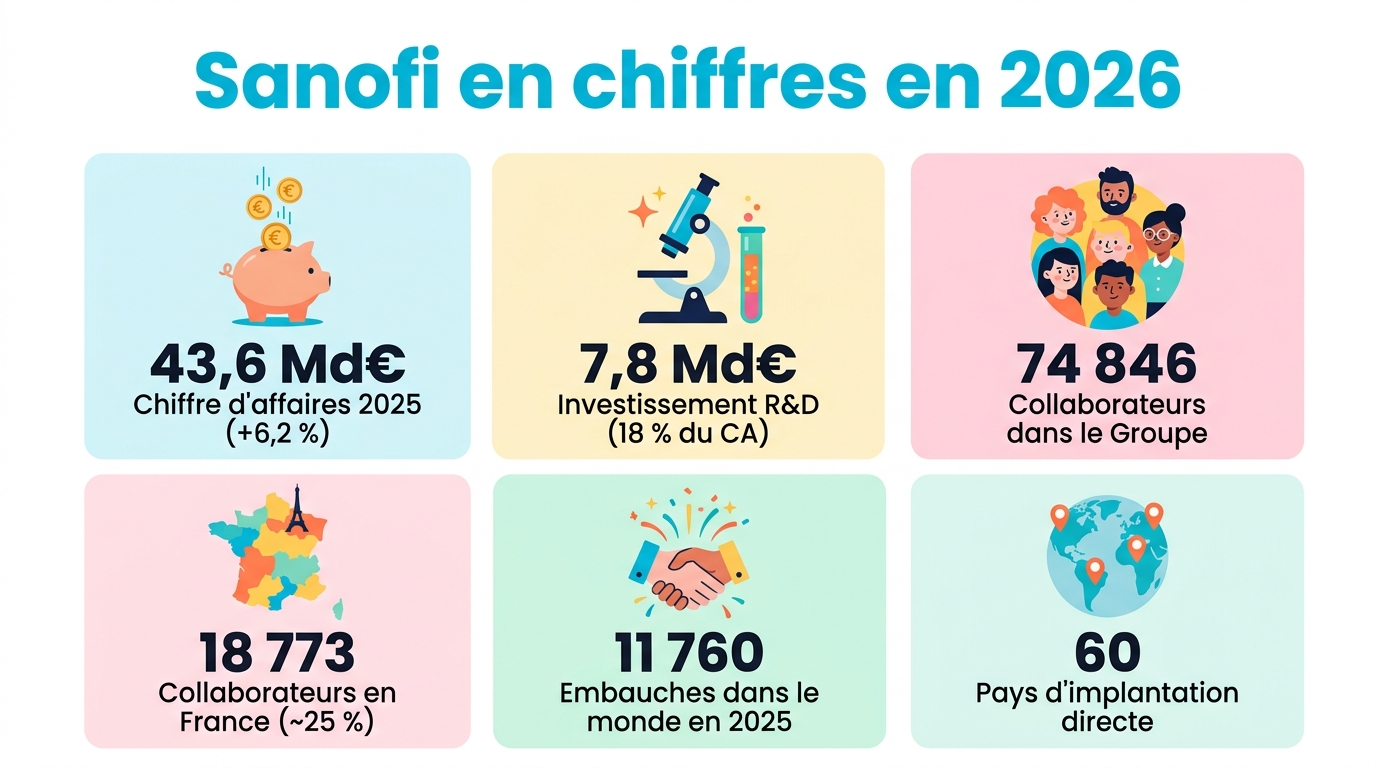 Infographie Sanofi en chiffres 2026 : chiffre d'affaires 43,6 milliards d'euros, R&D 7,8 milliards, 74 846 collaborateurs, 18 773 en France, 11 760 embauches, présence directe dans 60 pays