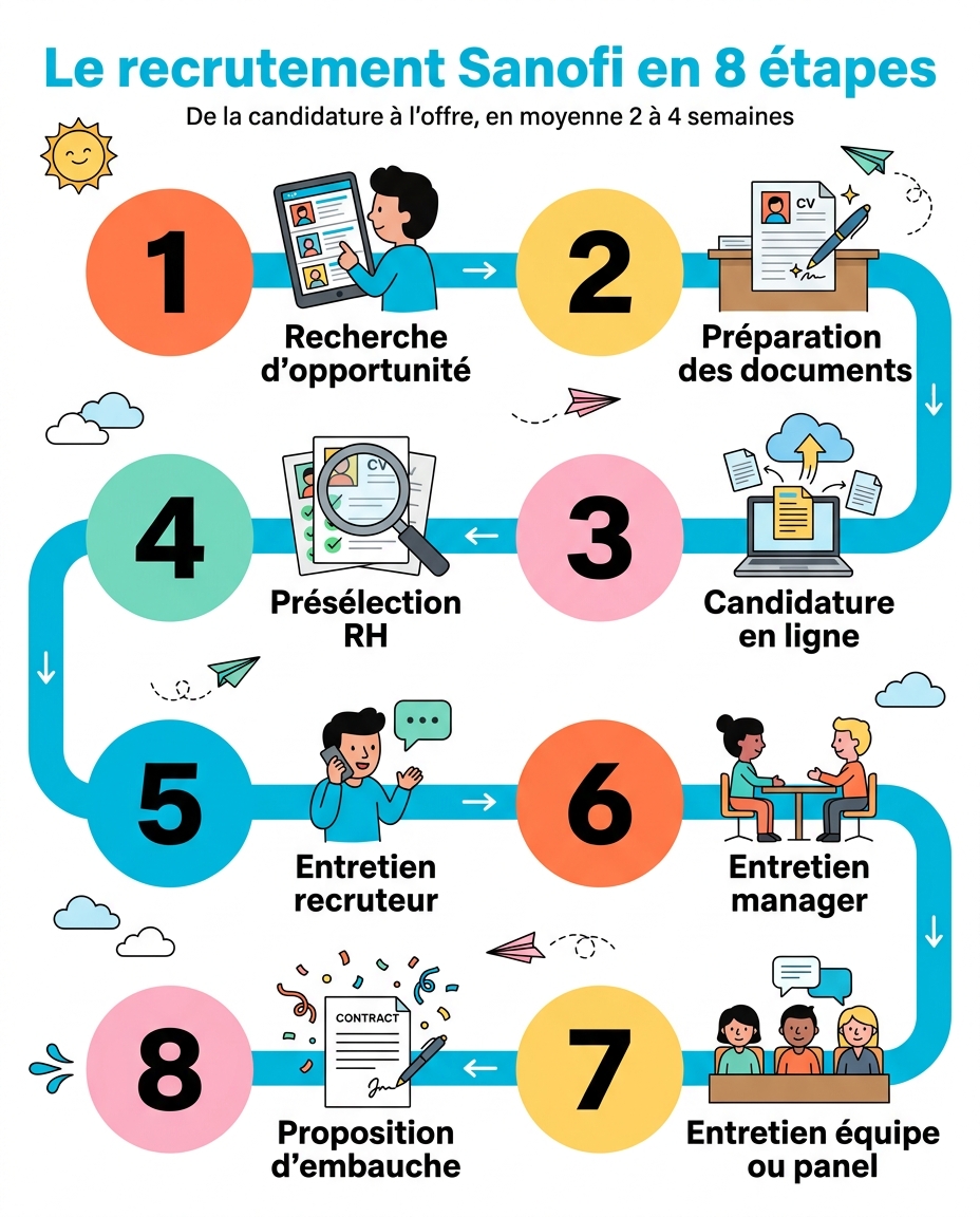 Le processus de recrutement Sanofi en 8 étapes : recherche d'opportunité, préparation des documents, candidature en ligne, présélection RH, entretien recruteur, entretien manager, entretien équipe, proposition d'embauche