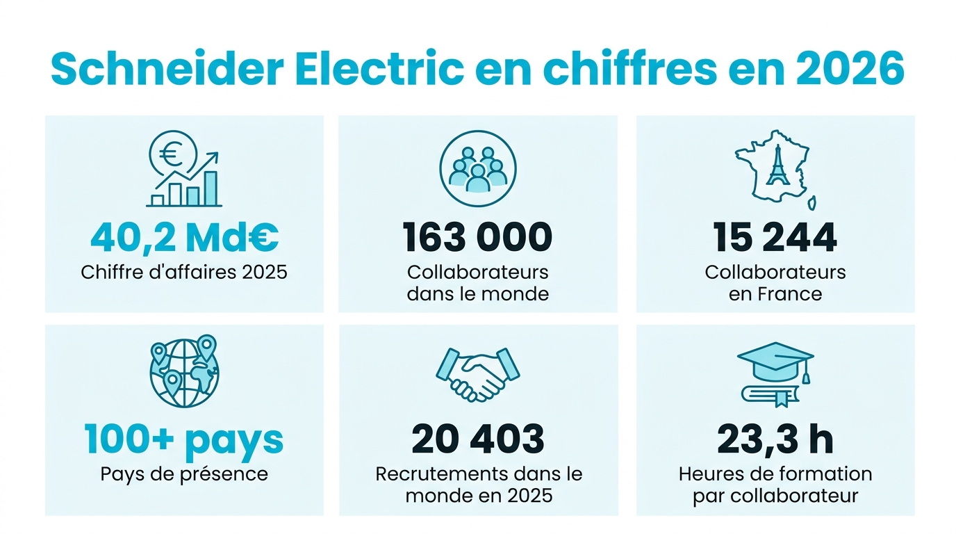 Infographie Schneider Electric en chiffres 2026 : 40,2 Md€ de CA, 163 000 collaborateurs, 15 244 en France, 100+ pays, 20 403 recrutements, 23,3 heures de formation