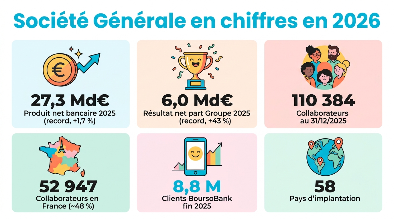 Infographie Société Générale en chiffres 2026 : 27,3 milliards d'euros de produit net bancaire, 6 milliards de résultat net, 110 384 collaborateurs, 52 947 en France, 8,8 millions de clients BoursoBank, présence dans 58 pays