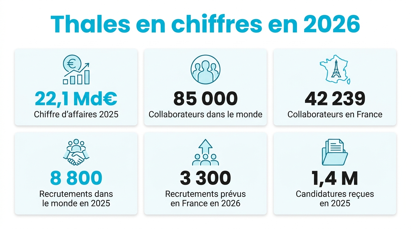 Infographie Thales en chiffres 2026 : chiffre d'affaires 22,1 milliards d'euros, 85 000 collaborateurs dans le monde, 42 239 en France, 8 800 recrutements 2025, 3 300 recrutements France prévus en 2026, 1,4 million de candidatures reçues