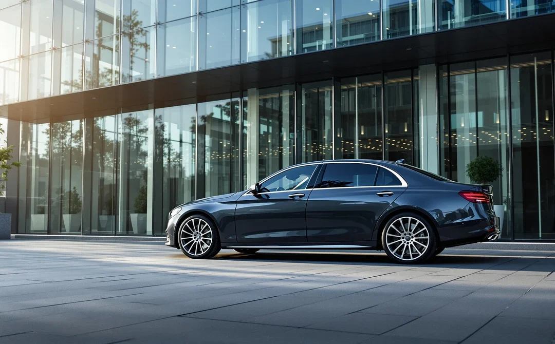 Voiture de fonction garée devant un immeuble de bureaux, illustrant l'avantage en nature véhicule 2026