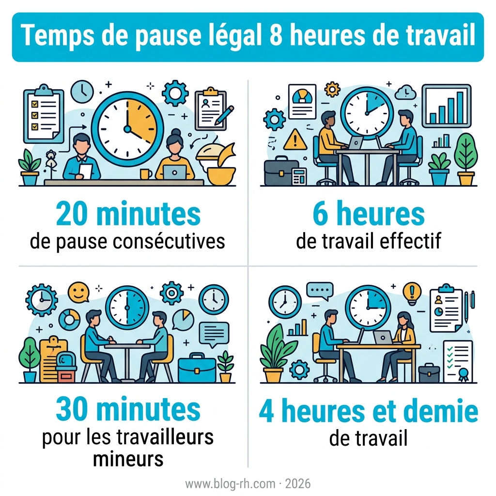 Infographie — temps de pause légal 8 heures de travail