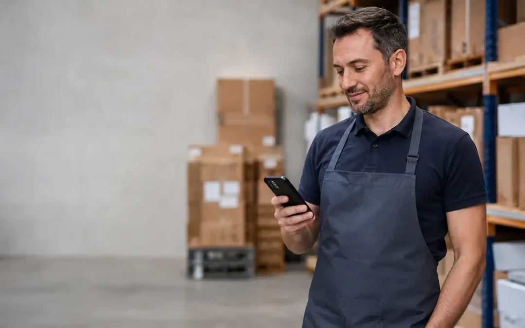 Collaborateur en entrepôt consultant un module de formation sur son smartphone