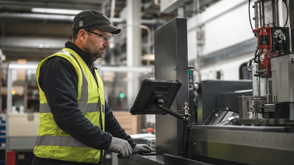 Opérateur en atelier devant un terminal industriel