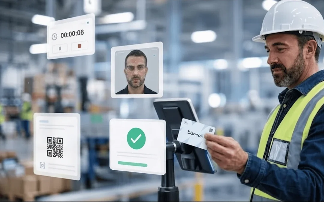 Salarié badgeant sa carte NFC sur un terminal de pointage