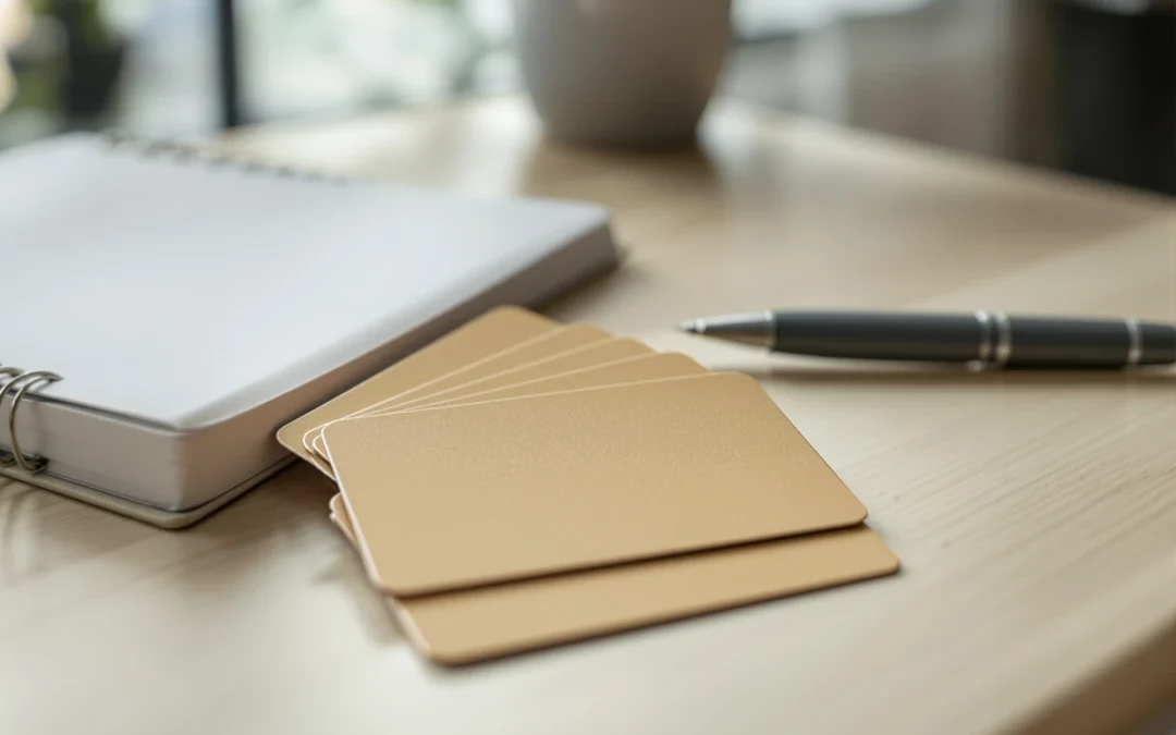 Cartes cadeaux prépayées posées sur un bureau, avant les commandes de fin d'année