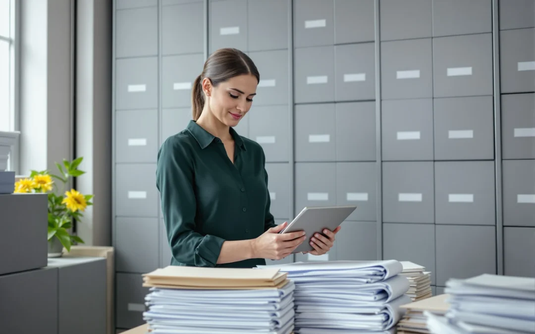 Responsable RH consultant des dossiers du personnel devant des armoires d'archives