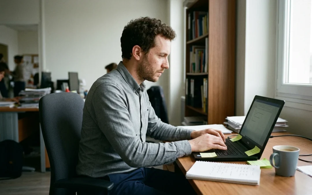 Collaborateur concentré travaillant sur son ordinateur portable à son bureau